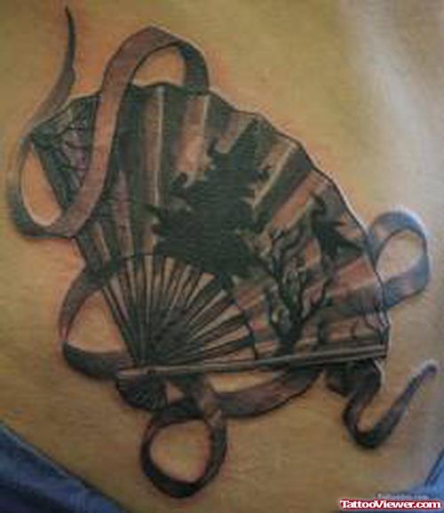 Grey Ink Asian Geisha Fan Tattoo On Side