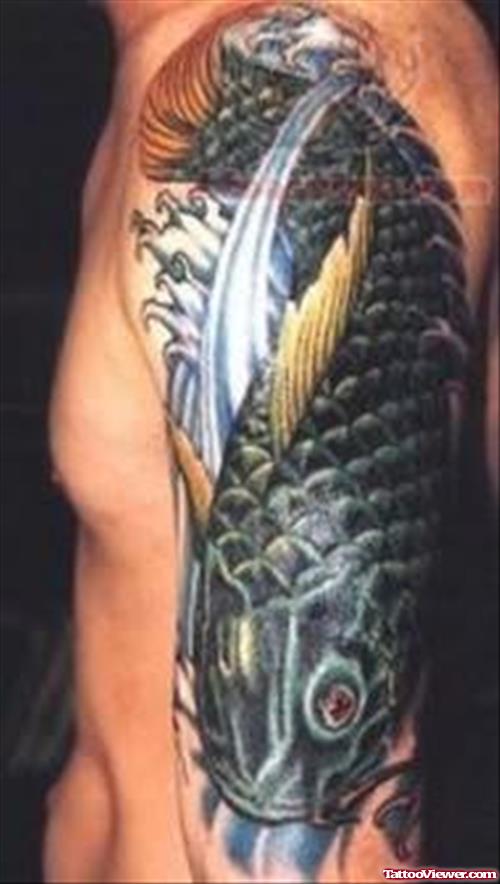 Dark Ink Asian Koi Tattoo On Left Half Sleeve