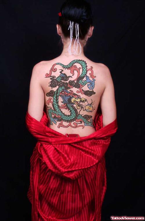 Cool Color Ink Asian Tattoo On Back