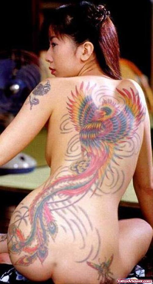 Colored Flying Phoenix Asian Tattoo On Back