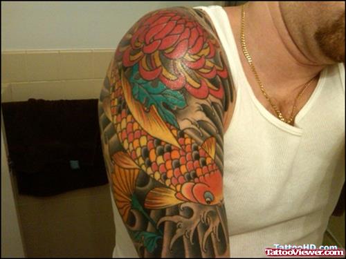 Colored Asian Tattoo On Man Right Half Sleeve