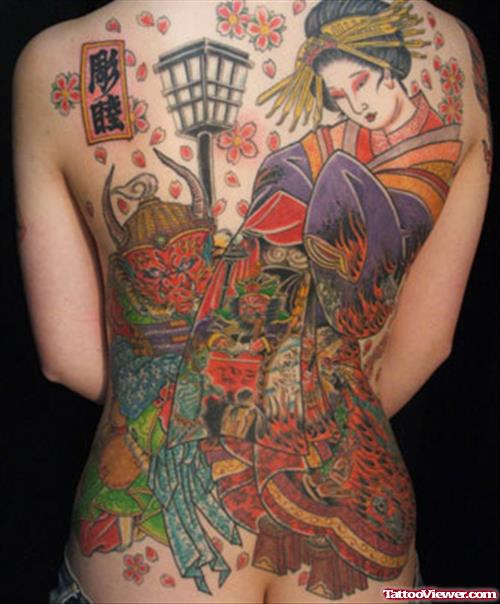 Colored Asian Tattoo On Girl Full Back