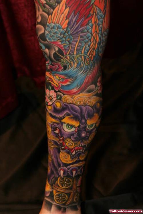 Color Ink Asian Tattoo On Full Sleeve