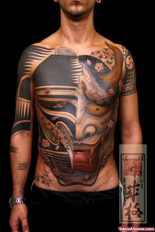 Asian Samurai Mask Tattoo On Body