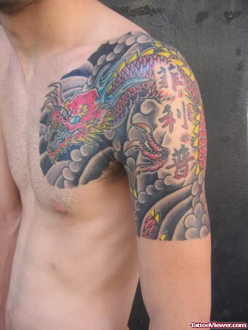 Asian Dragon Tattoo On Chest And Half Sleeve