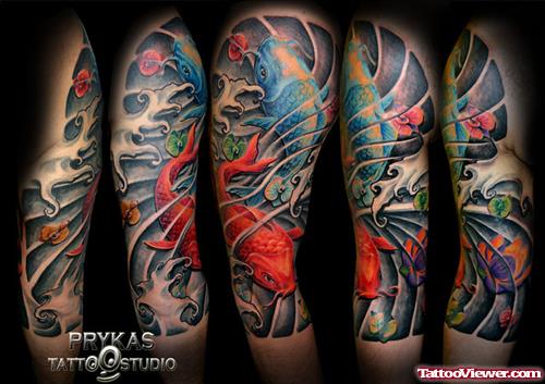 Amazing Colored Asian Tattoo On Sleeve