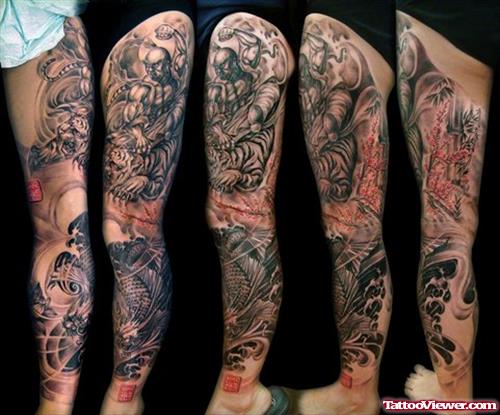 Asian Tattoo On Leg Sleeve