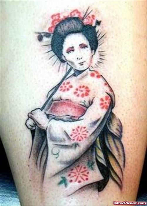 Asian Geisha Woman Tattoo On Bicep