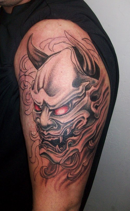 Grey Ink Demon Mask Asian Tattoo