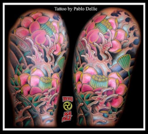 Awesome Color Ink Asian Flowers Tattoos On Half Sleeve