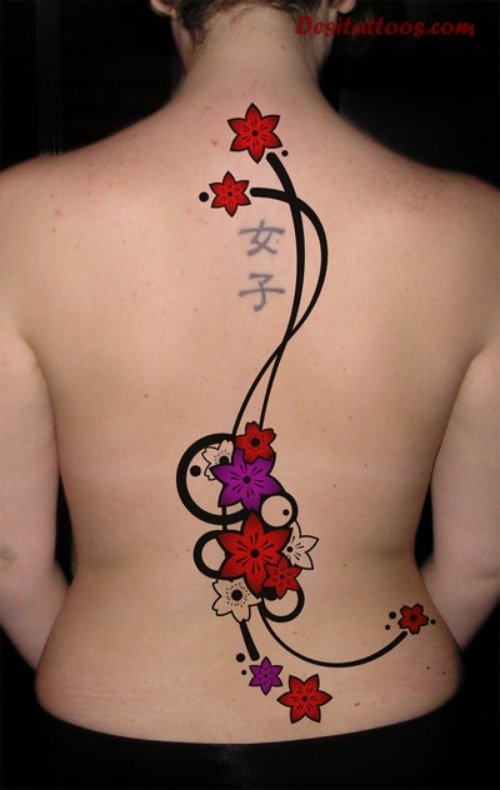Kanji Symbol And Flowers Asian Tattoo On Back