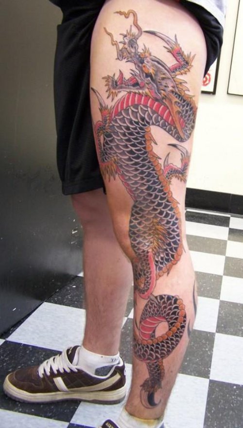Man Left Leg Asian Tattoo