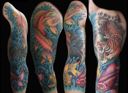 Amazing Colored Asian Tattoo On Full Sleeve