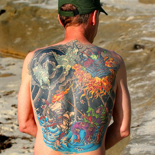 Attractive Colored Asian Tattoo On Man Back