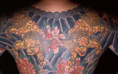 Attractive Color Ink Asian Tattoo On Back