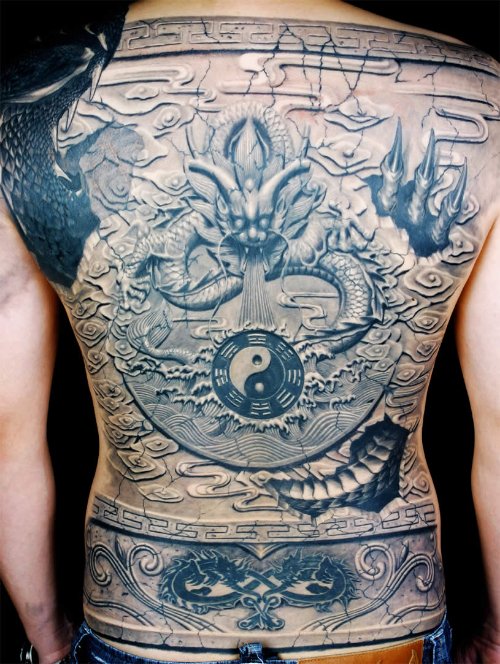 Grey Ink Asian Tattoo On Back Body