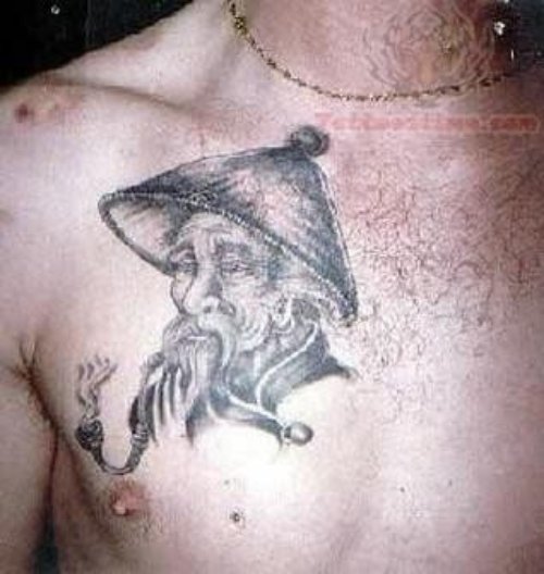 Grey Ink Asian Man Tattoo On Man Chest