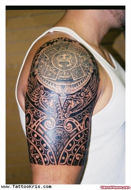 Aztec Tattoo On Man Half Sleeve