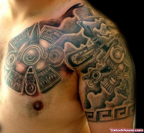 Aztec Tattoo On Chest And Left Shoulder