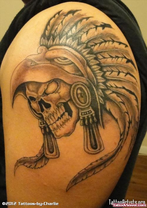 Aztec Skull Tattoo On Man Left Shoulder