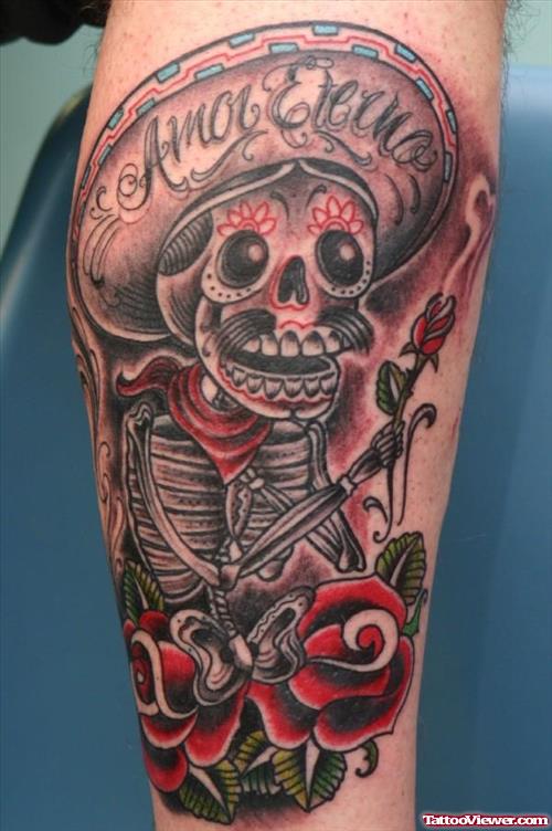 Aztec Skull And Red Roses Tattoo