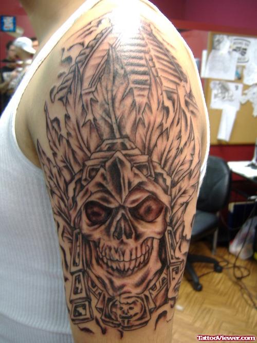 Left Half Sleeve Aztec Skull Tattoo