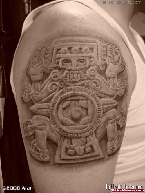 Grey Ink Aztec Tattoo On Right Half Sleeve