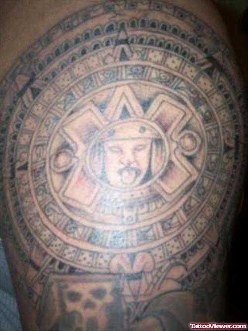 Grey Ink Aztec Left Shoulder Tattoo