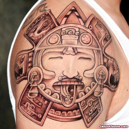 Aztec Sun Tattoo On Man Right Shoulder
