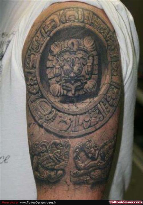 3D Aztec Tattoo On Left Half Sleeve