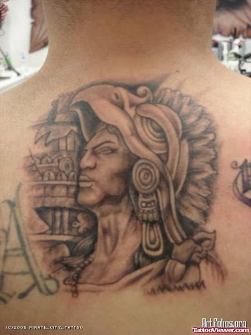 Warrior Aztec Tattoo On Man Upperback