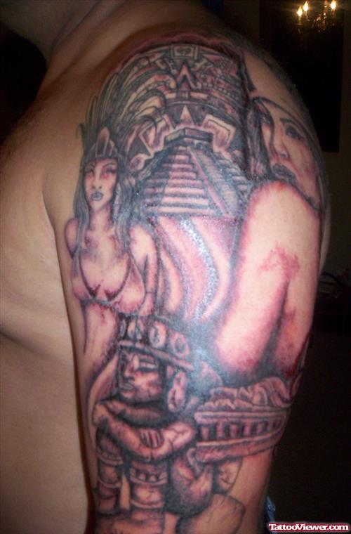 Superb Left Half Sleeve Aztec Tattoo