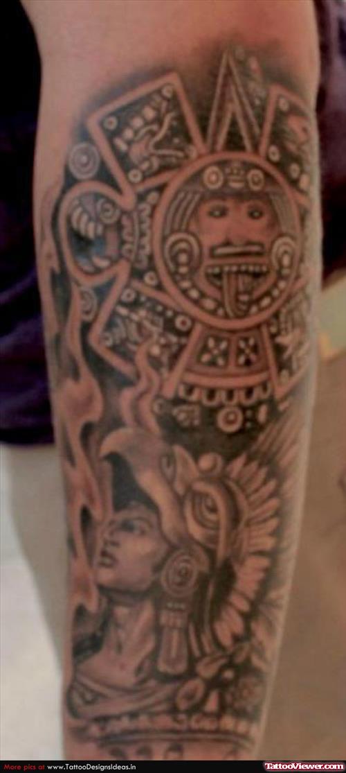 Grey Ink Sleeve Aztec Tattoo