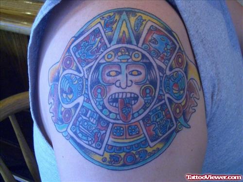 Colored Ink Aztec Tattoo On Shoulder