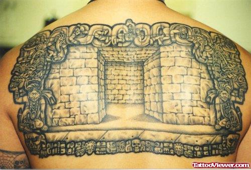 Aztec Temple Tattoo On Upperback