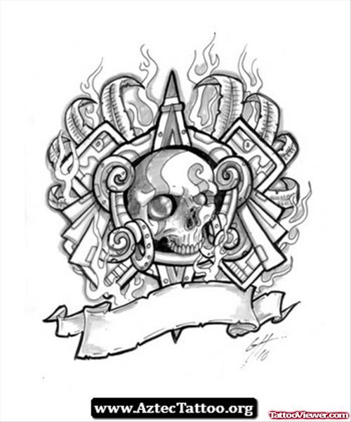 Aztec Skull With Banner Tattoo Design