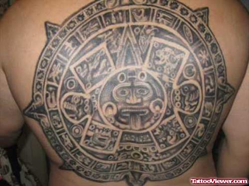 Attractive Grey Ink Aztec Tattoo On Back
