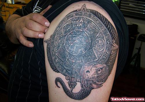 Shoulder Dark Ink Aztec Tattoo