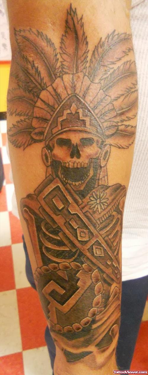 Grey Ink Aztec Tattoo On Sleeve
