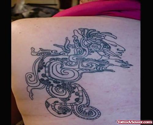 Grey Ink Aztec Tattoo On Left Back Shoulder