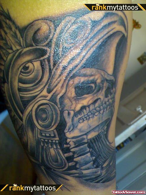 Dark Ink Aztec Tattoo On Half Sleeve