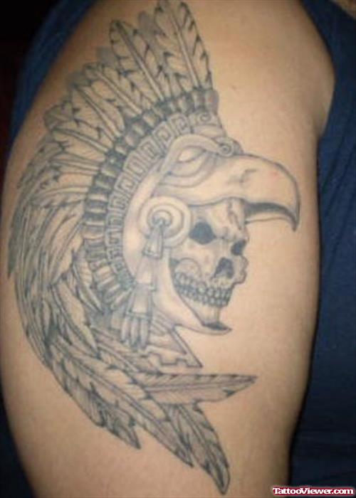 Aztec Native Head Tattoo On Half Sleeve