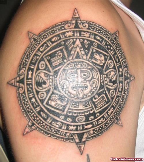 Awesome Grey Ink Aztec Shoulder Tattoo