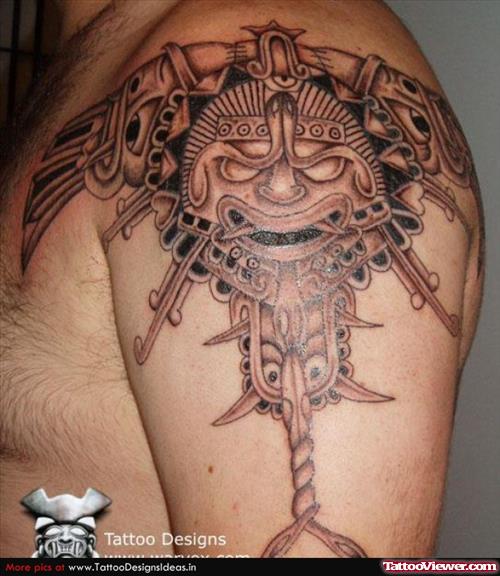 Grey Ink Aztec Tattoo On Left Shoulder