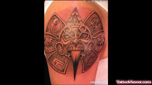 Grey Ink Aztec Sun Tattoo On Right Shoulder