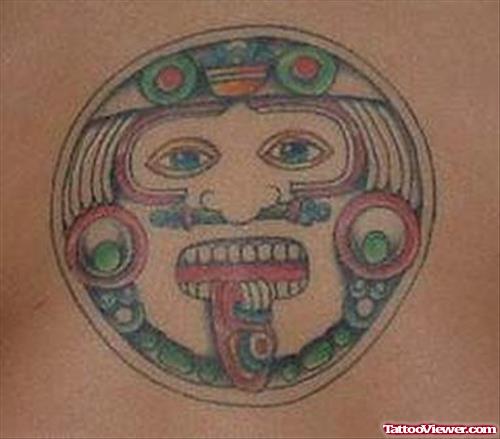 Colored Aztec Sun Tattoo On Back