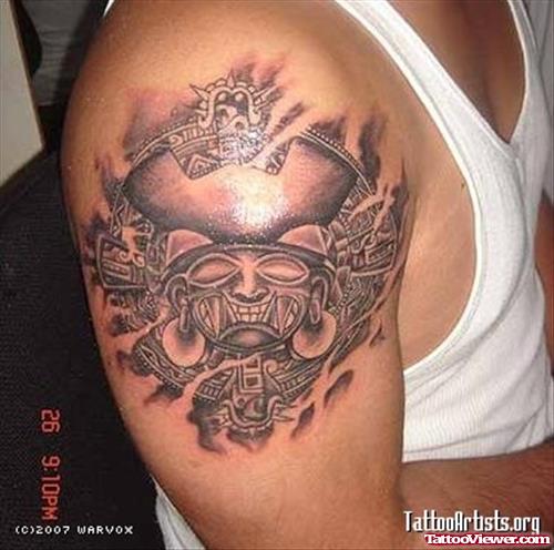 Beautiful Grey Ink Aztec Tattoo On Shoulder