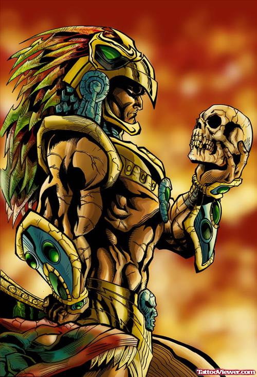 Aztec Warrior With Skull Tattoo Design