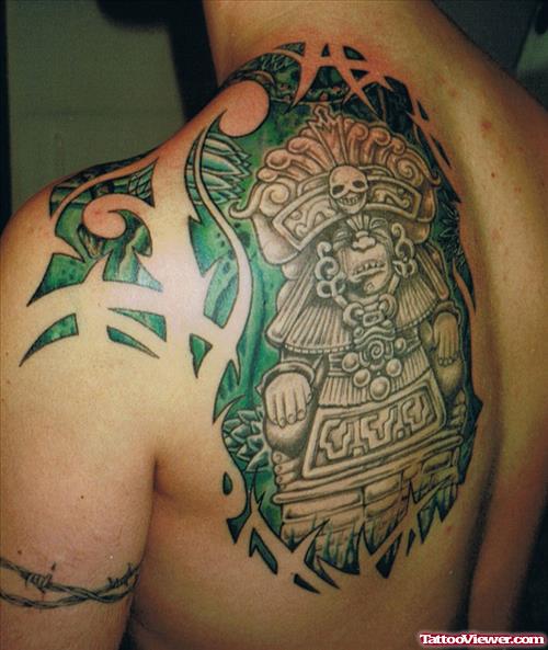 Left Back Shoulder Green Ink Aztec Tattoo
