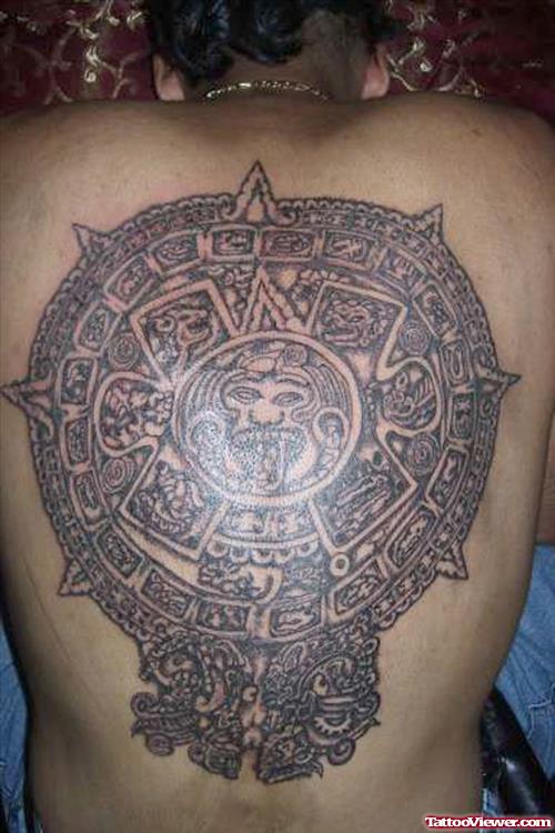 Impressive Grey Ink Aztec Tattoo On Back